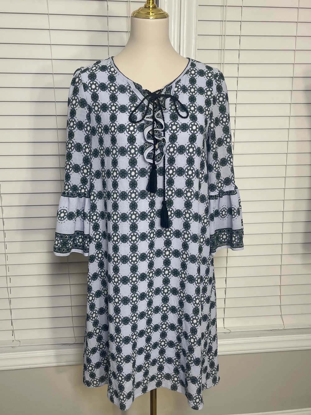 Max Studio Navy and White Printed Tie-Front Midi Dress
